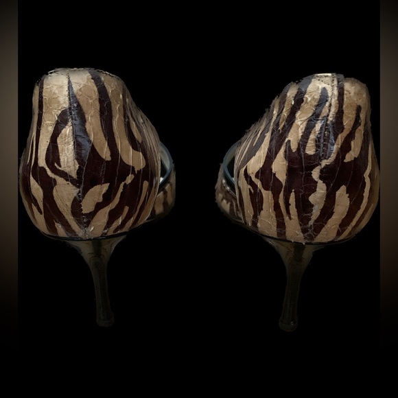 Jimmy Choo Black Browns Animal Print Heels Peep Toe Pumps Shoes 37.5 US 7 Fall - Picture 6 of 13